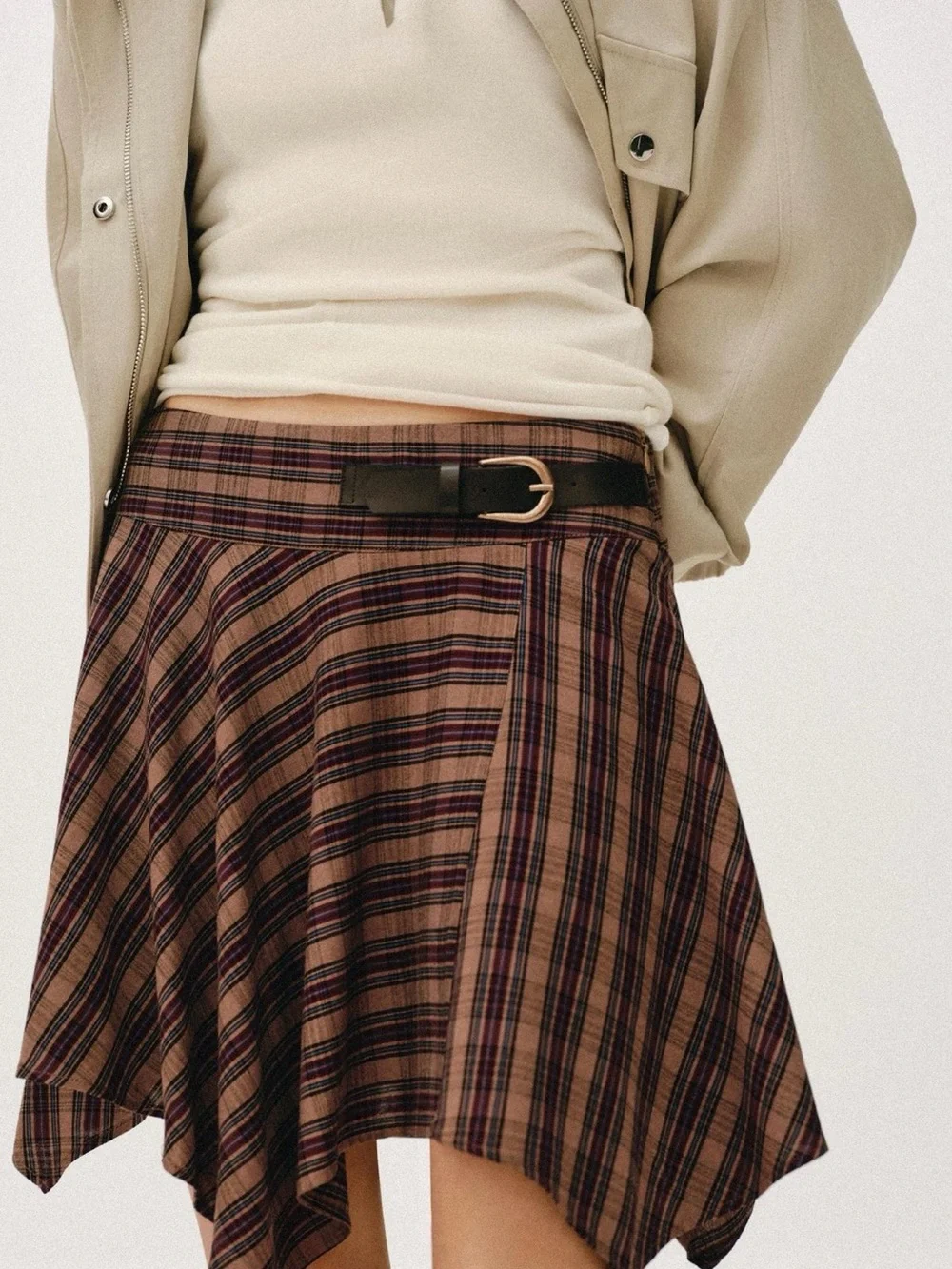 BNWT Zara Brown Plaid Asymmetrical Fairy Hem Mini Skirt